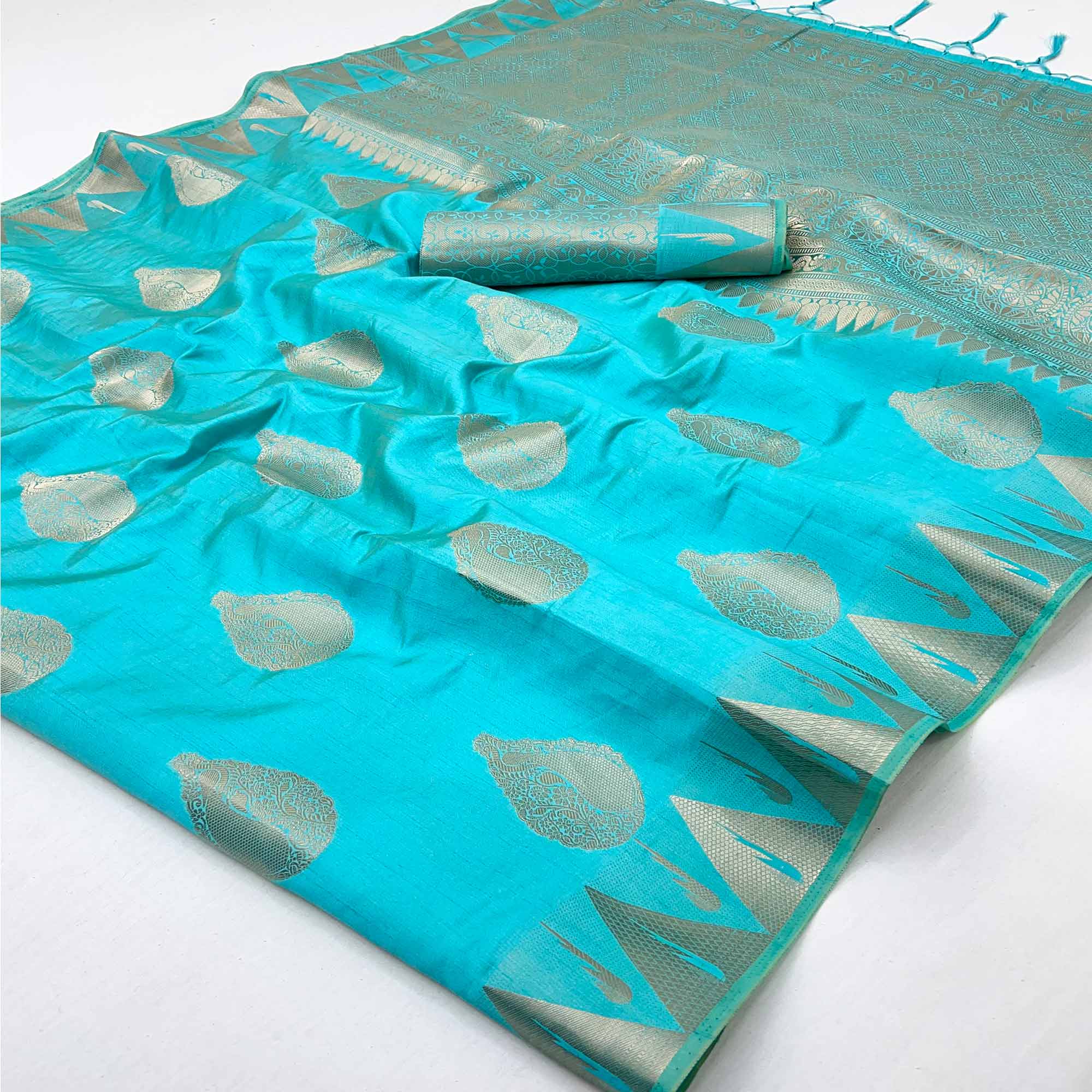 Blue Tusser Cotton Silk Saree With Floral Zari Weaving & Tassel Pallu