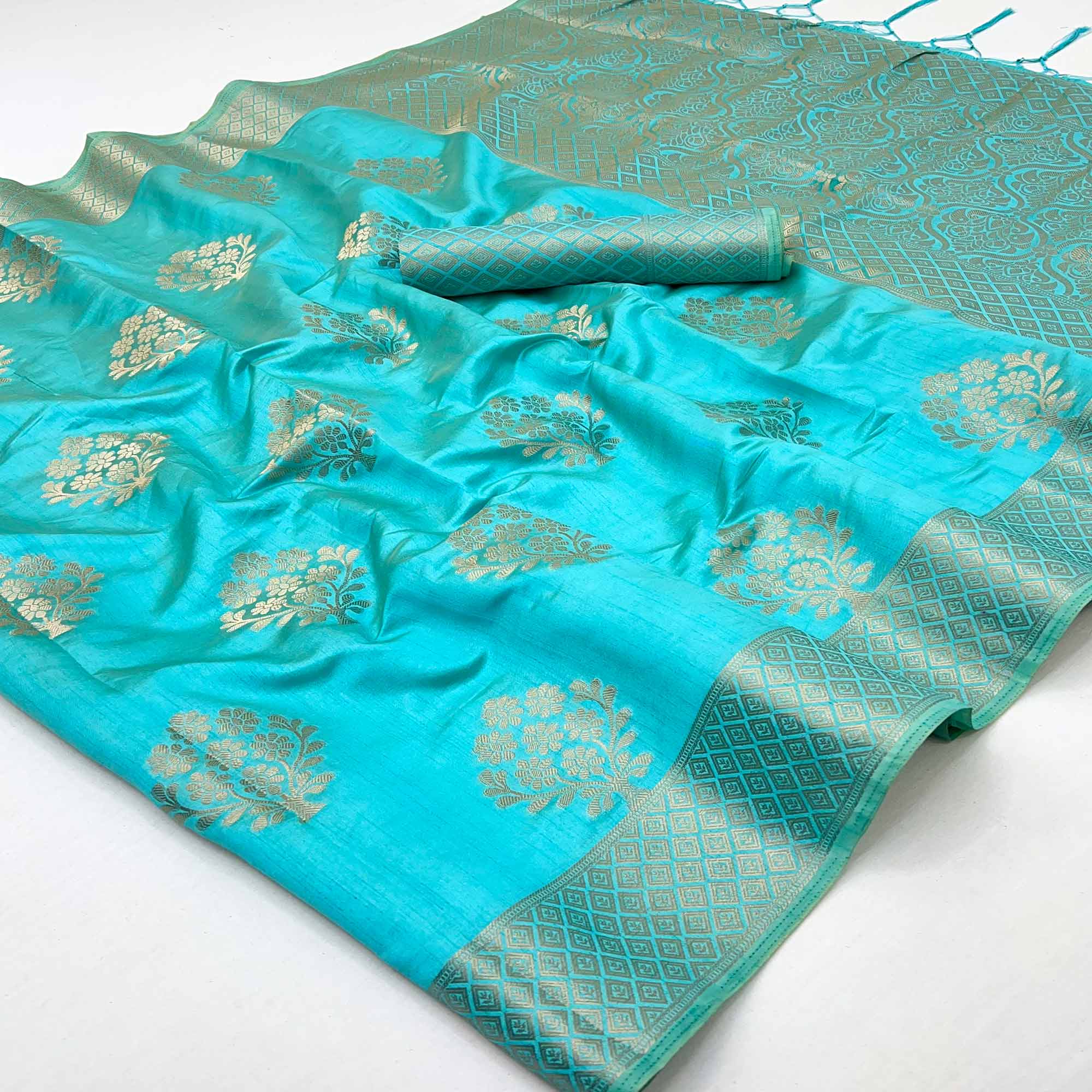 Blue Floral Zari Woven Tusser Cotton Silk Saree With Stylish Tassel Pallu