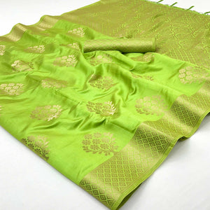 Green Floral Zari Woven Tusser Cotton Silk Saree With Stylish Tassel Pallu