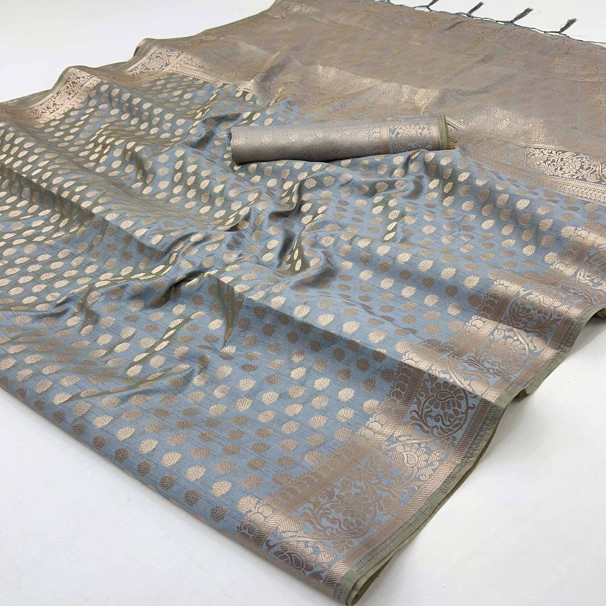 Grey Tusser Cotton Silk Saree Featuring Intricate Floral Zari Weave & Tassel Pallu