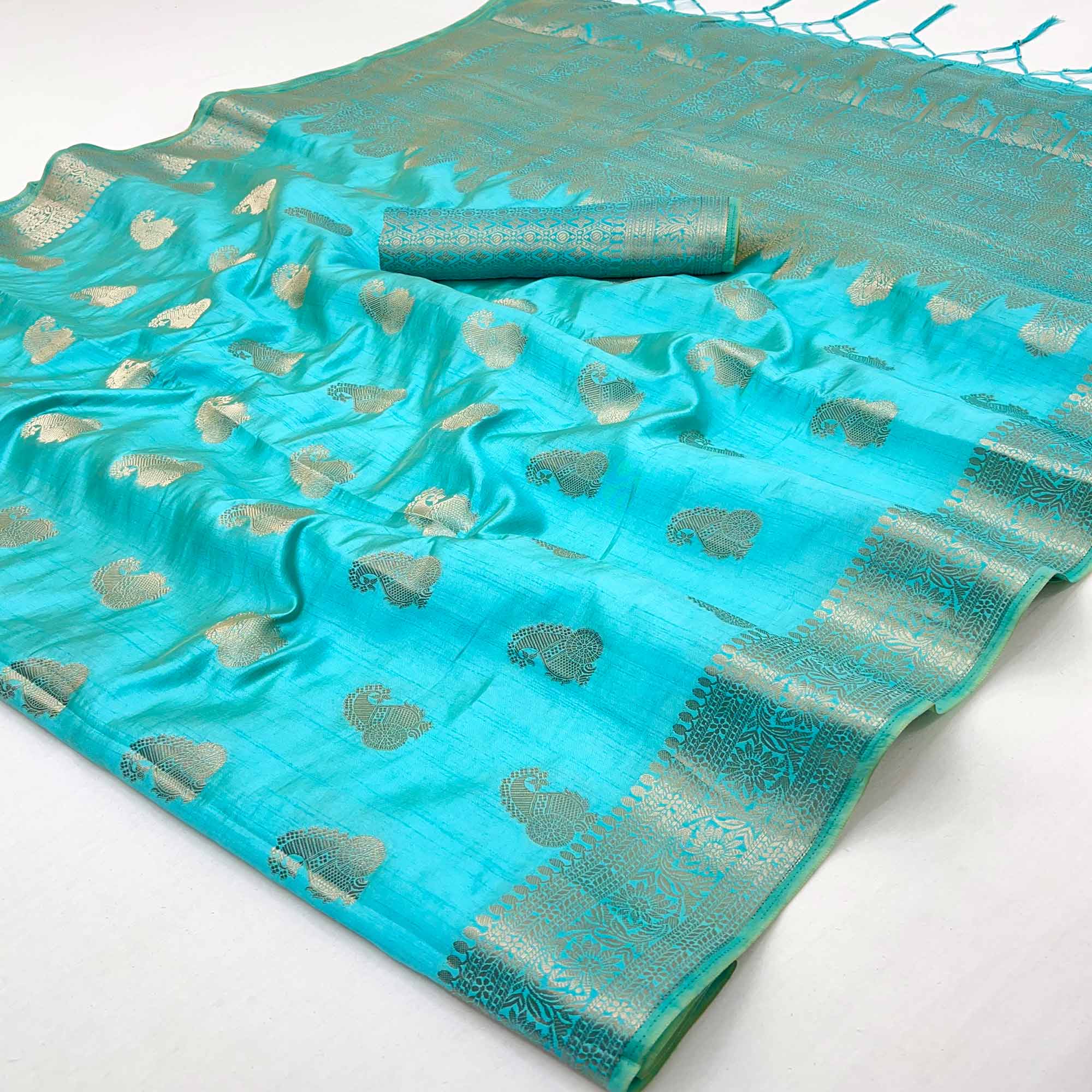 Blue Tusser Cotton Silk Saree Adorned With Floral Zari Weave & Tassel Pallu