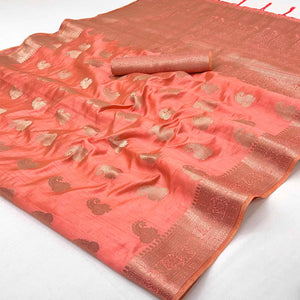 Coral Pink Tusser Cotton Silk Saree Adorned With Floral Zari Weave & Tassel Pallu