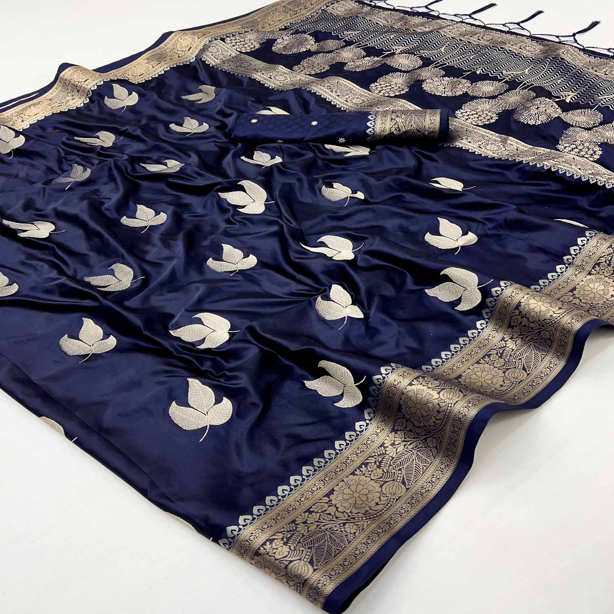Navy Blue Floral Zari Woven Satin Silk Saree With Graceful Tassel Pallu