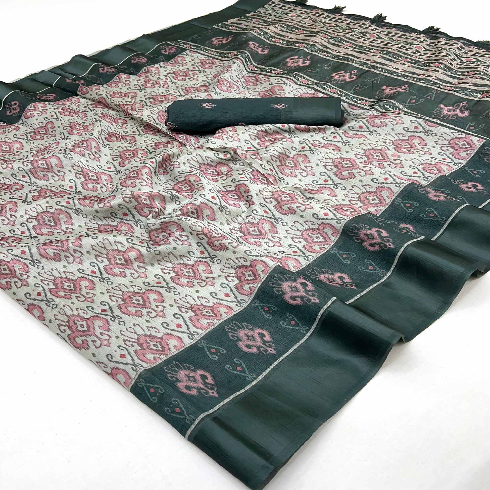 Cream & Green Art Silk Saree Featuring Modern Digital Print & Tassel Pallu