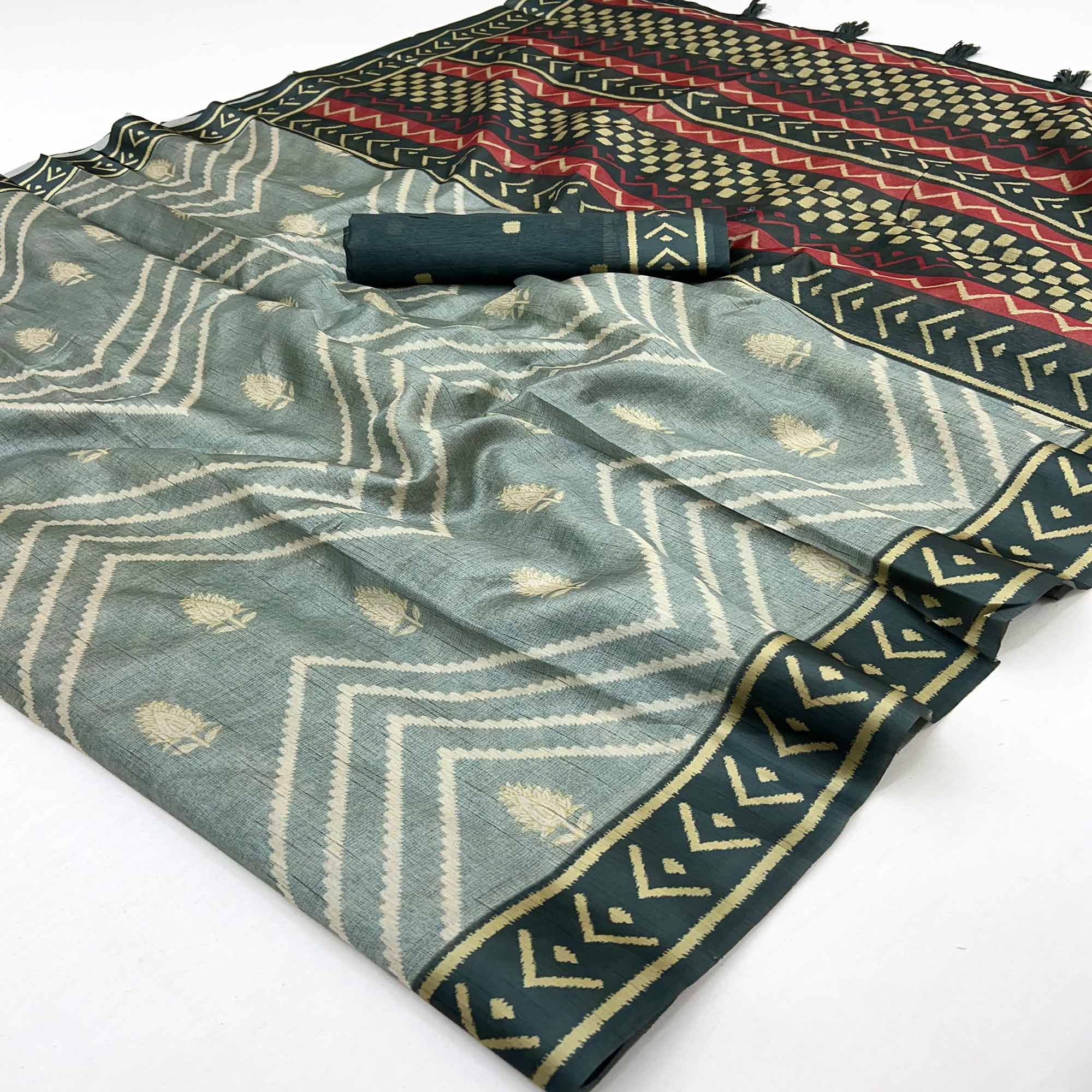 Grey Art Silk Saree Featuring Modern Digital Print & Tassel Pallu