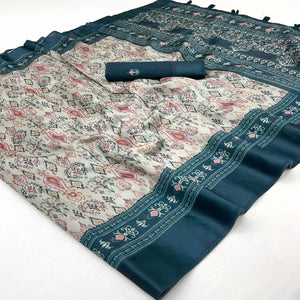 Cream & Blue Art Silk Saree Featuring Modern Digital Print & Tassel Pallu