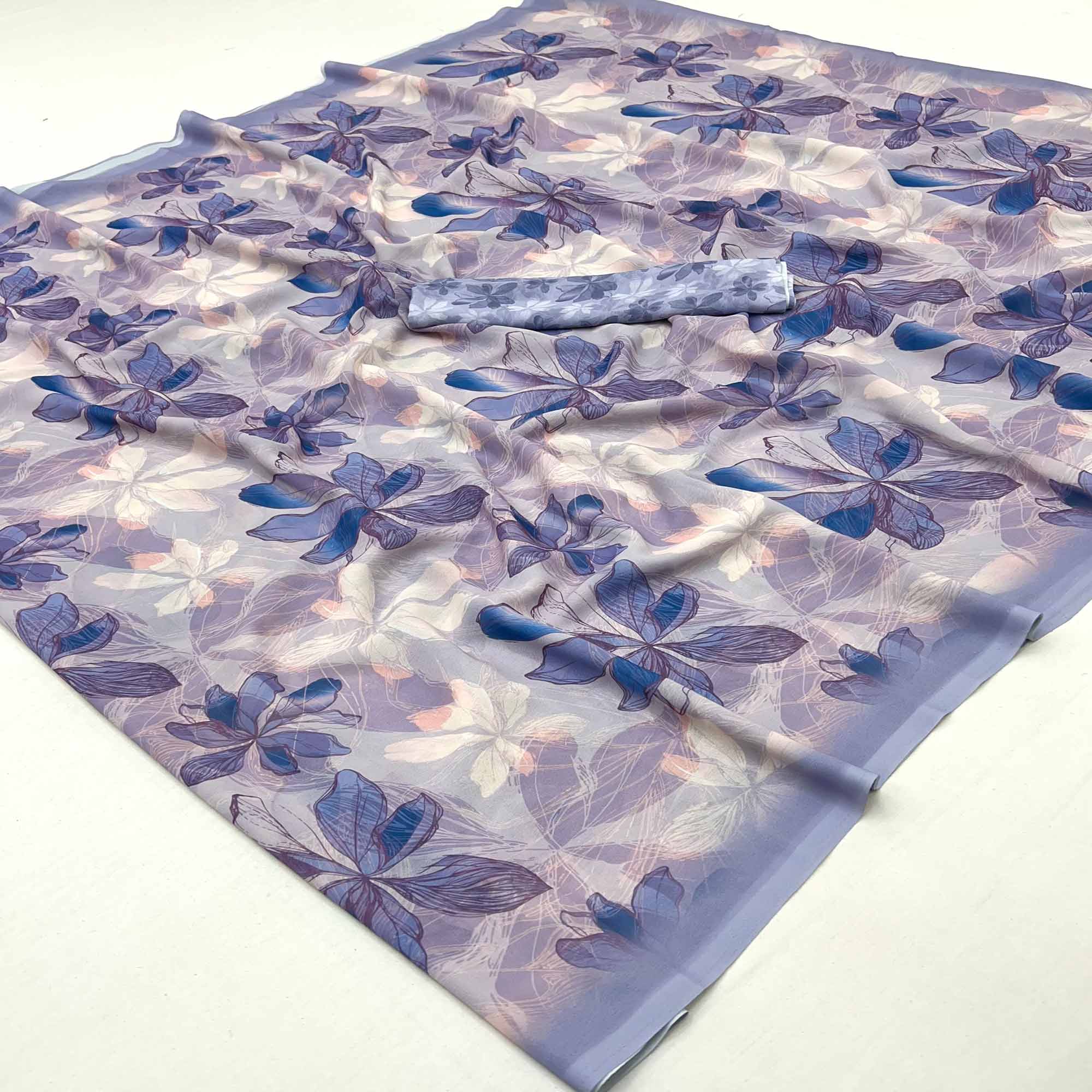 Blue Georgette Saree With Elegant Floral Digital Print