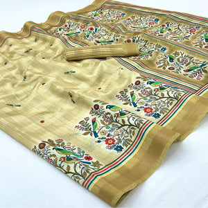 Mustard Cotton Blend Saree Highlighted With Bird & Floral Digital Print