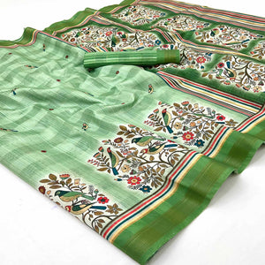Green Cotton Blend Saree Highlighted With Bird & Floral Digital Print