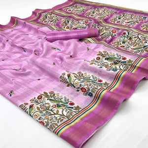 59Pink Cotton Blend Saree Highlighted With Bird & Floral Digital Print