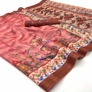 Peach Cotton Blend Saree Highlighted With Animal & Floral Digital Print