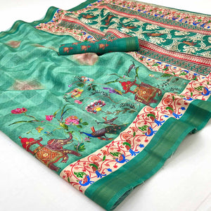 Rama Green Cotton Blend Saree Highlighted With Animal & Floral Digital Print
