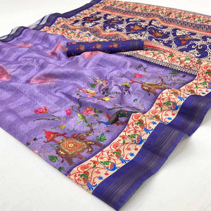 Purple Cotton Blend Saree Highlighted With Animal & Floral Digital Print