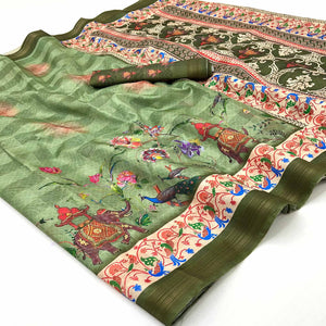 Green Cotton Blend Saree Highlighted With Animal & Floral Digital Print