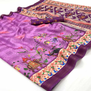 Magenta Cotton Blend Saree Highlighted With Animal & Floral Digital Print