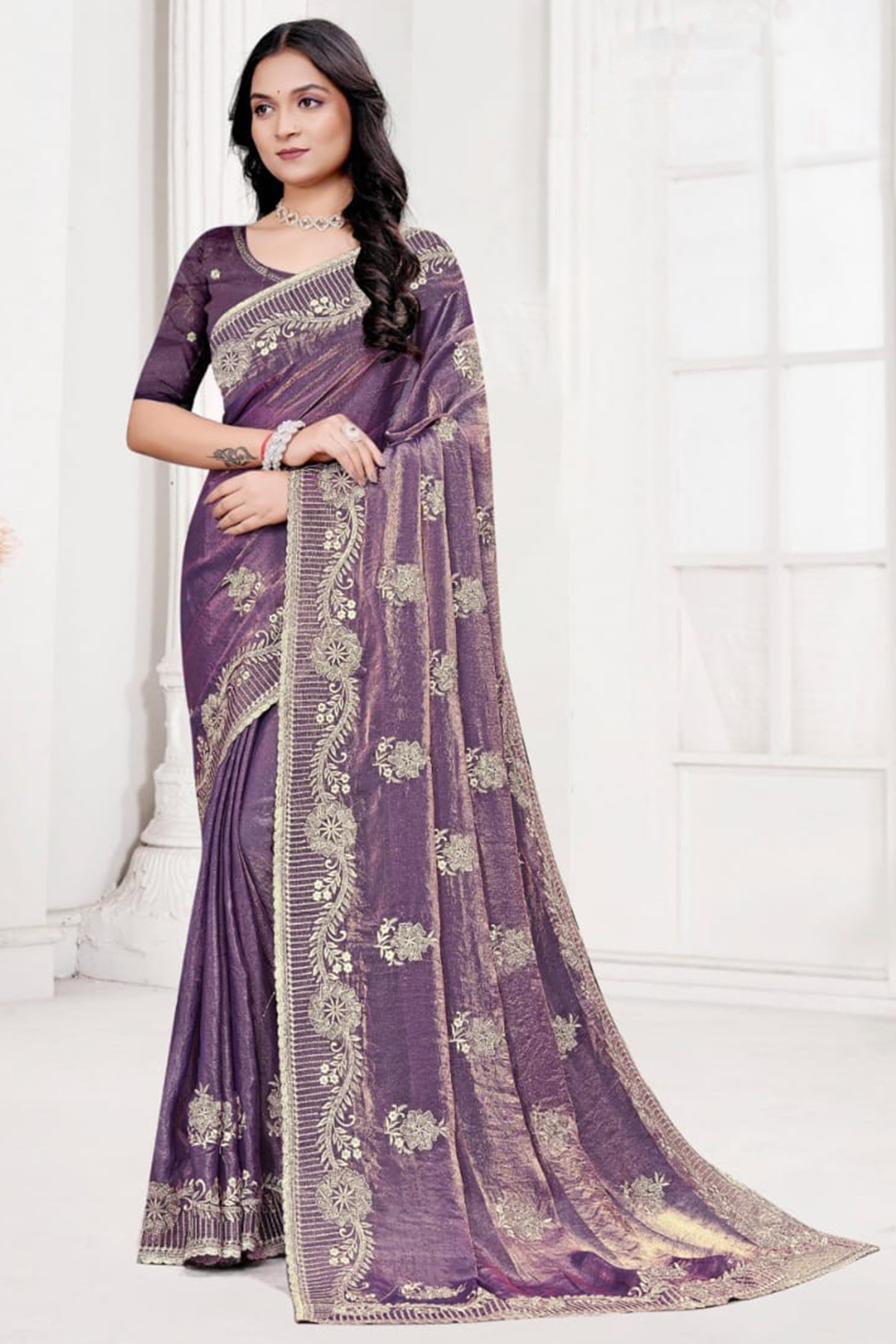 Classic Violet Floral Embroidered Organza Satin Silk Saree With Dazzling Diamond Work