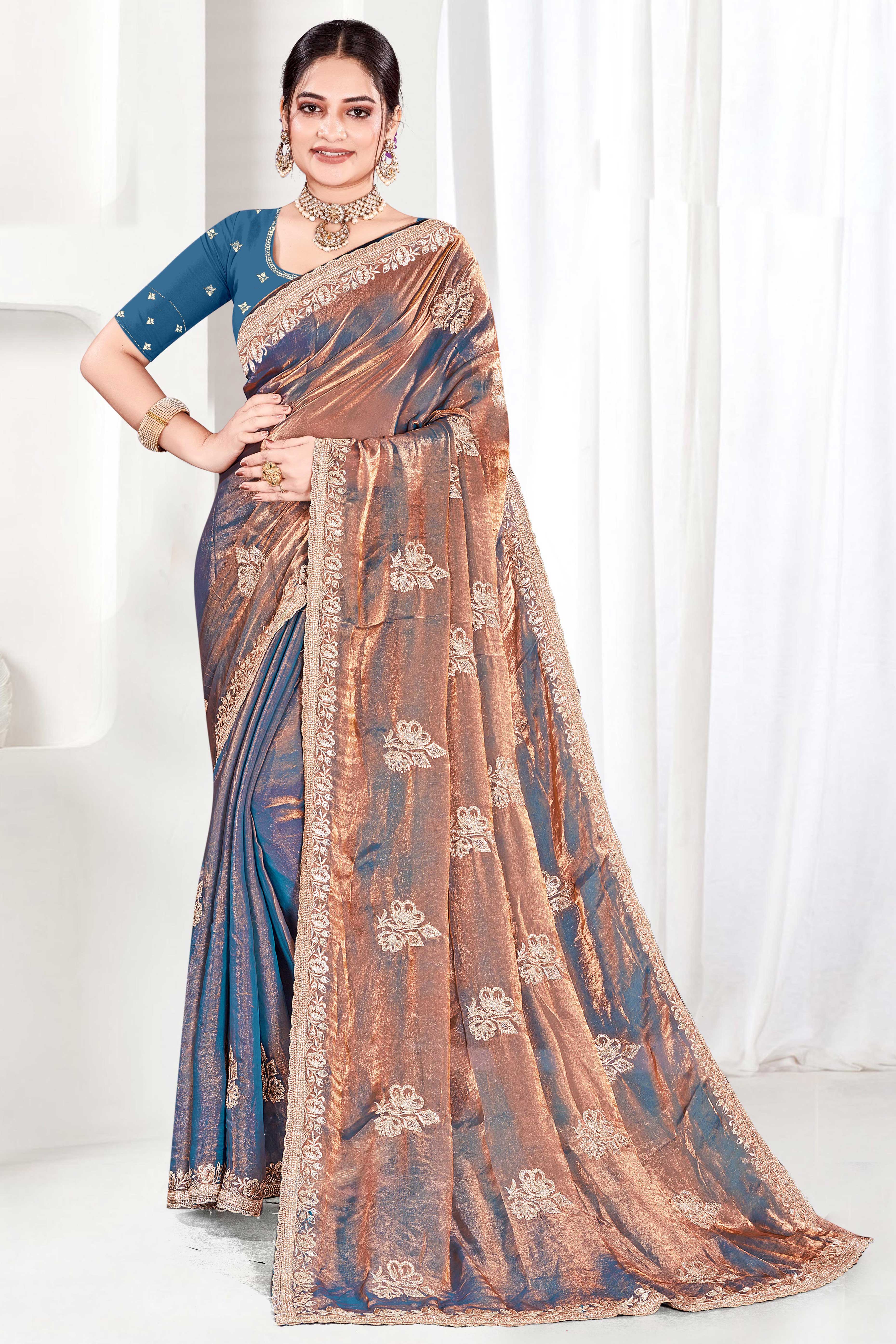 Classic Blue Floral Embroidered Organza Satin Silk Saree With Shimmering Diamond Work