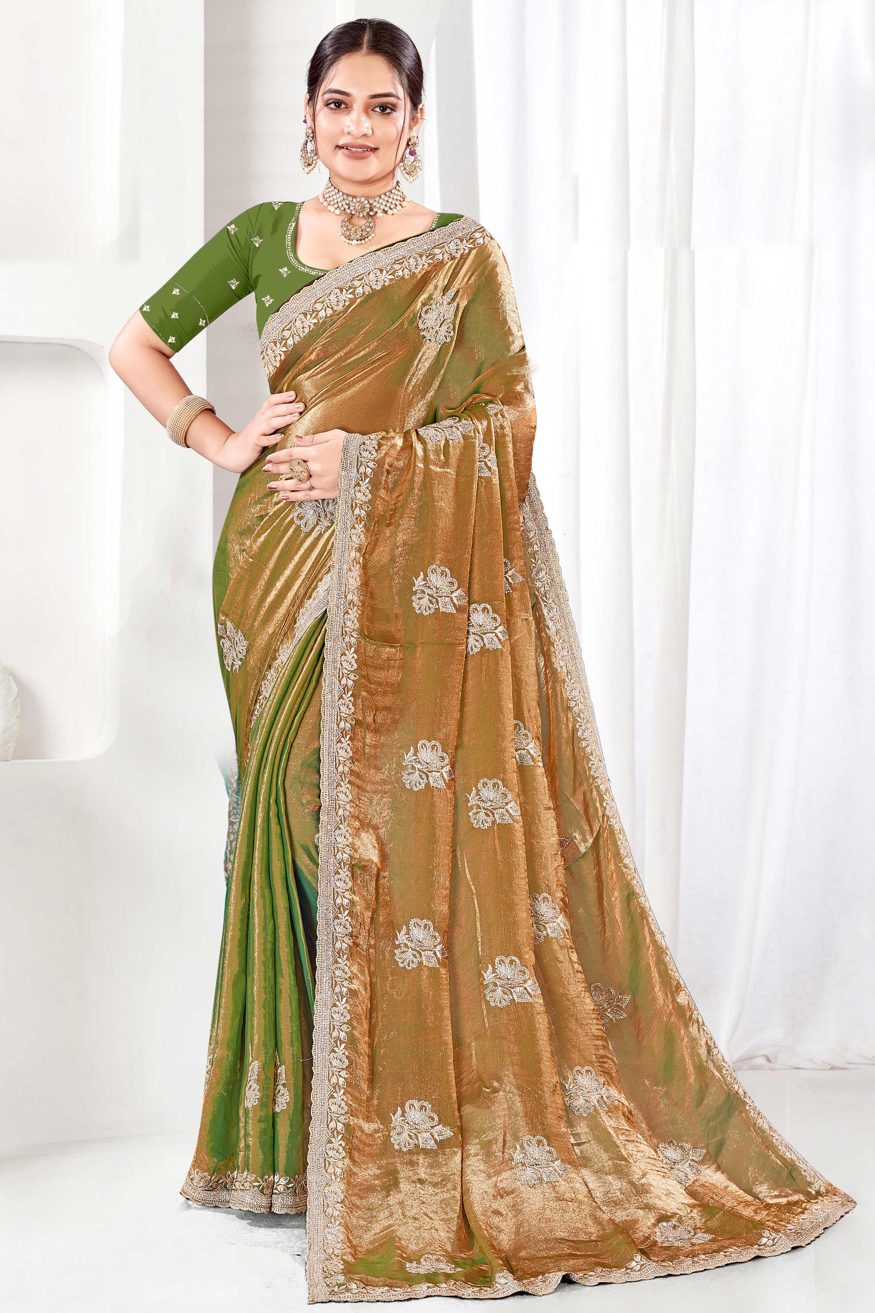 Classic Green Floral Embroidered Organza Satin Silk Saree With Shimmering Diamond Work