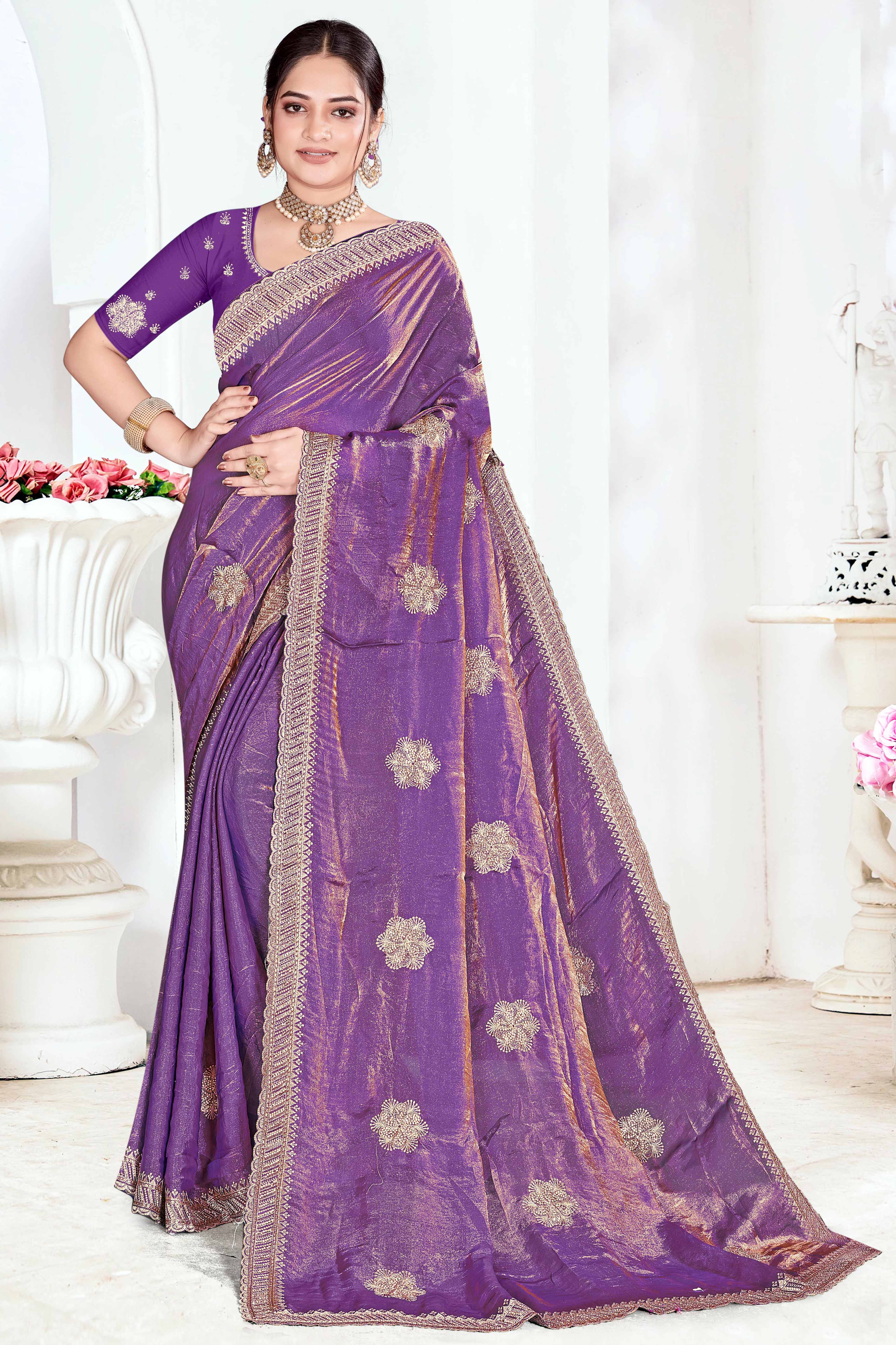 Designer Purple Floral Zari Embroidery Organza Satin Silk Saree Featuring Diamond Work