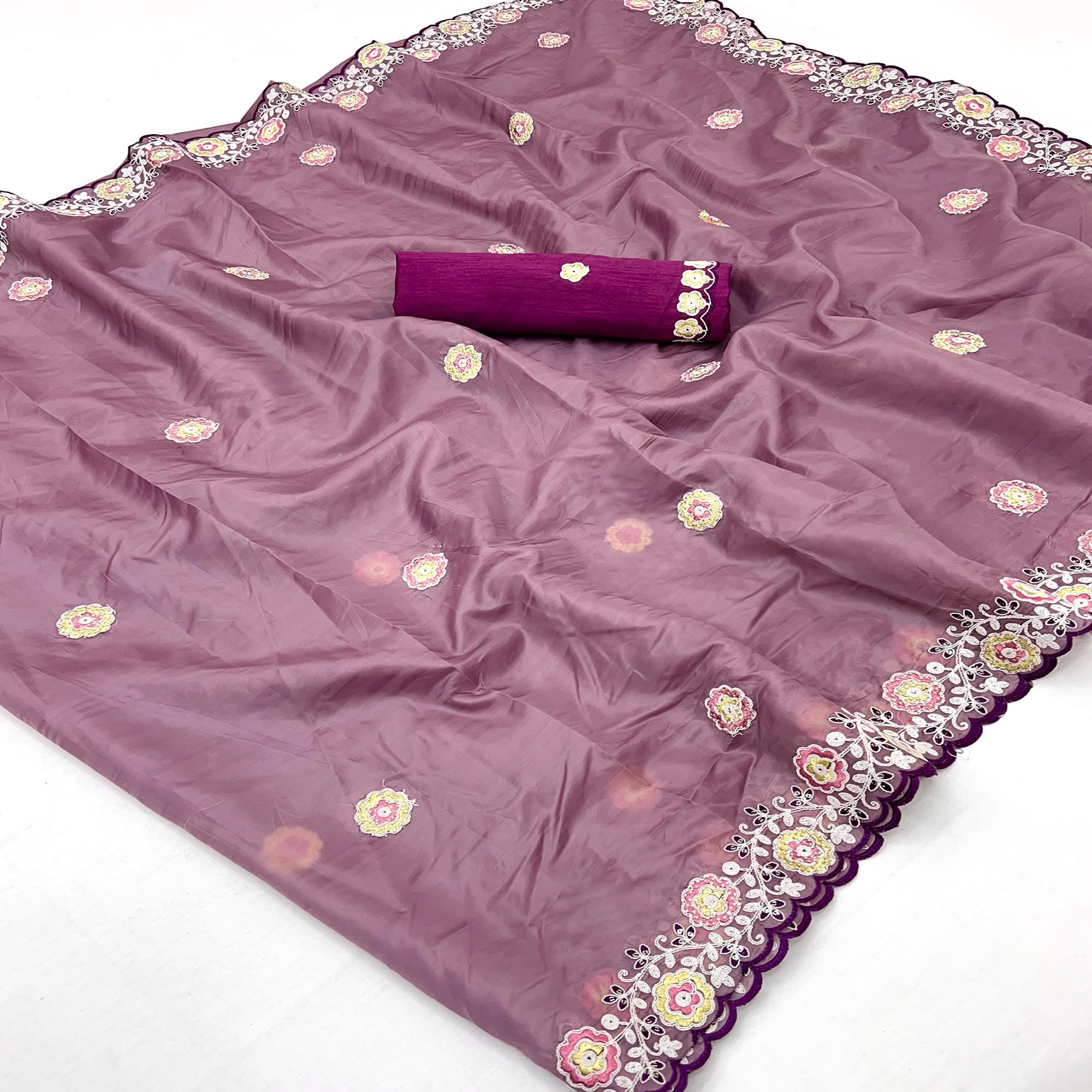 Mauve Organza Saree Adorned with Intricate Floral Embroidery