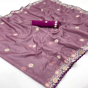 Mauve Organza Saree Adorned with Intricate Floral Embroidery