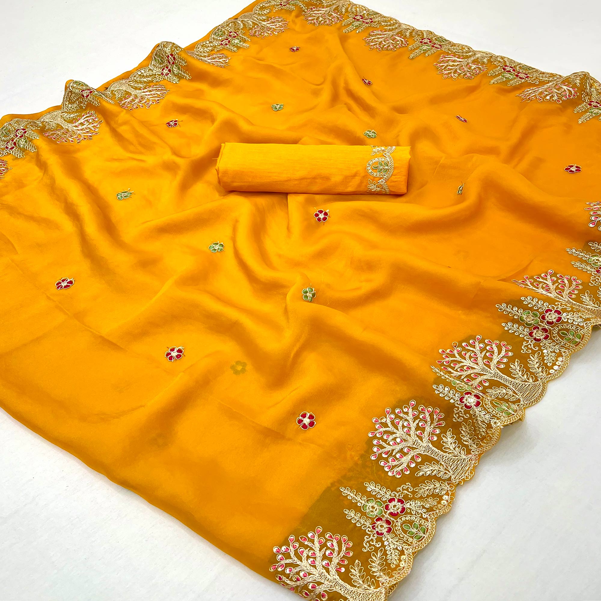 Mustard Yellow Floral Embroidered Crepe Saree with Subtle Sequin Detailing