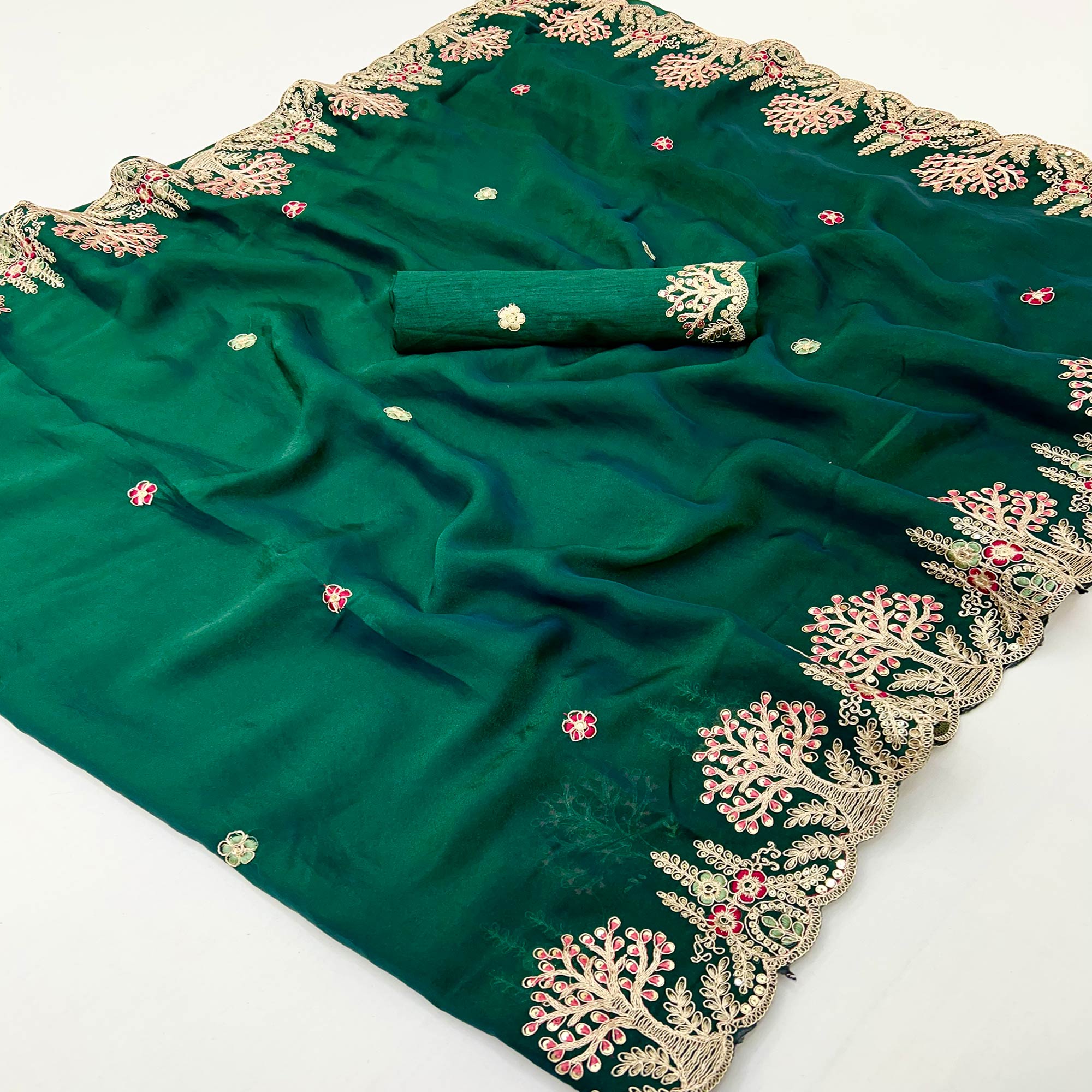 Green Floral Embroidered Crepe Saree with Subtle Sequin Detailing