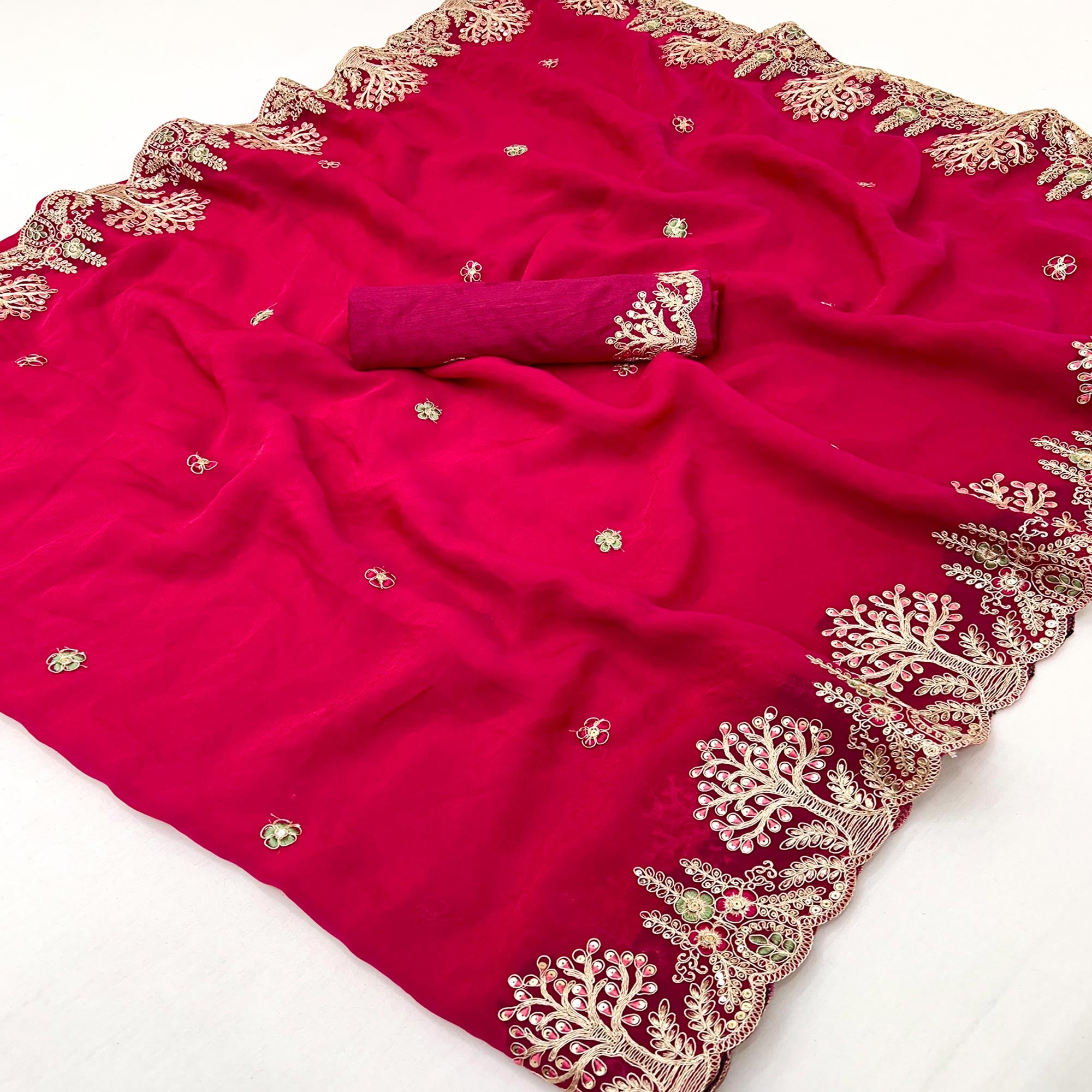 Pink Floral Embroidered Crepe Saree with Subtle Sequin Detailing
