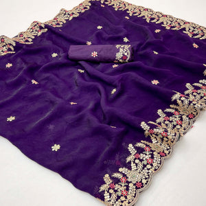 Party Wear Purple Floral Embroidered Crepe Saree with Elegant Sequin Finish