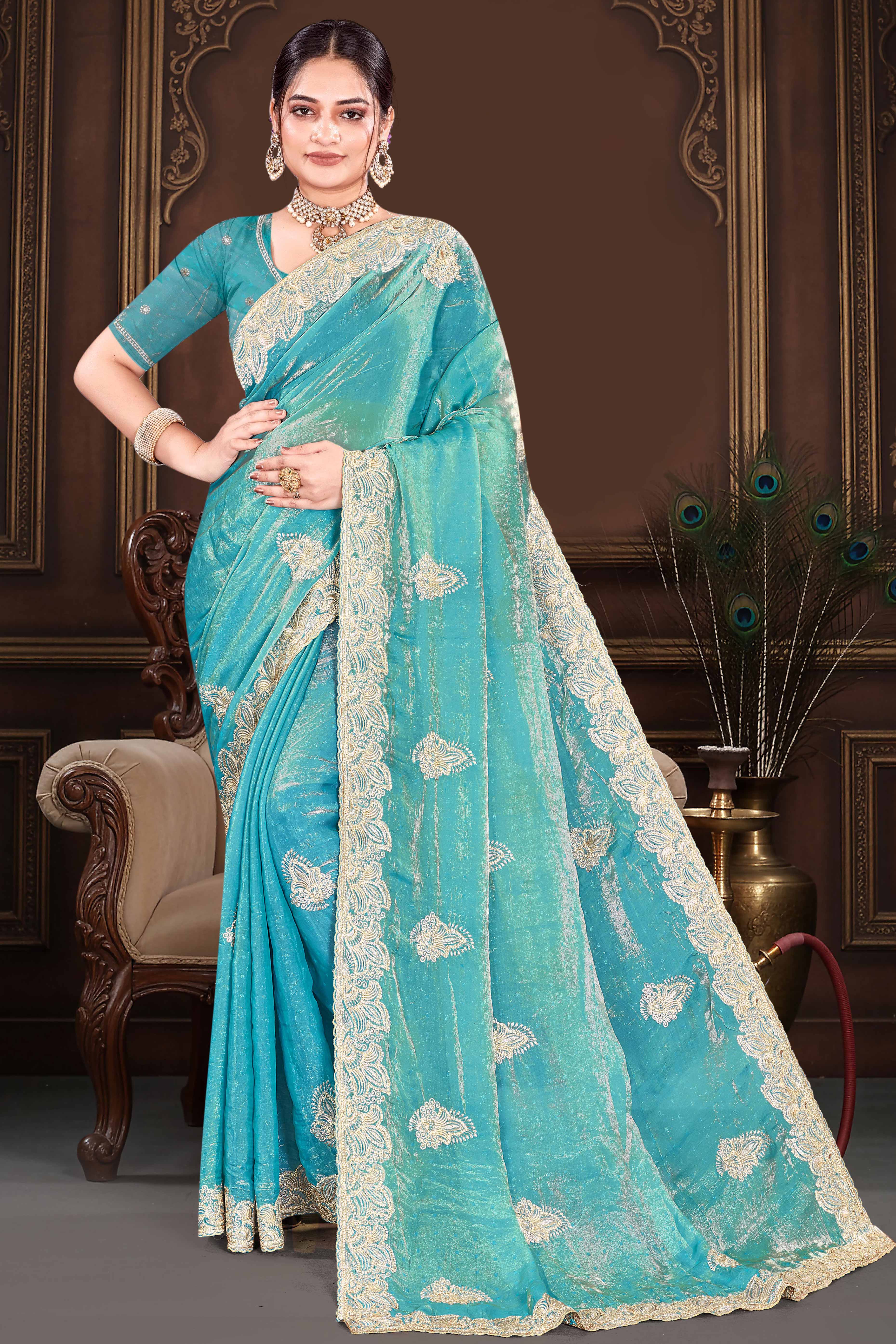 Stylish Blue Floral Embroidered Organza Satin Silk Saree With Diamond Work Finish