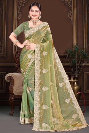 Stylish Green Floral Embroidered Organza Satin Silk Saree With Diamond Work Finish