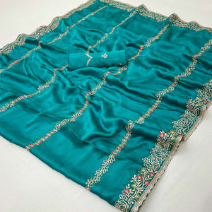 Teal Satin Chiffon Saree Adorned with Intricate Floral Embroidery