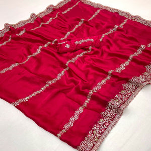 Pink Satin Chiffon Saree Adorned with Intricate Floral Embroidery