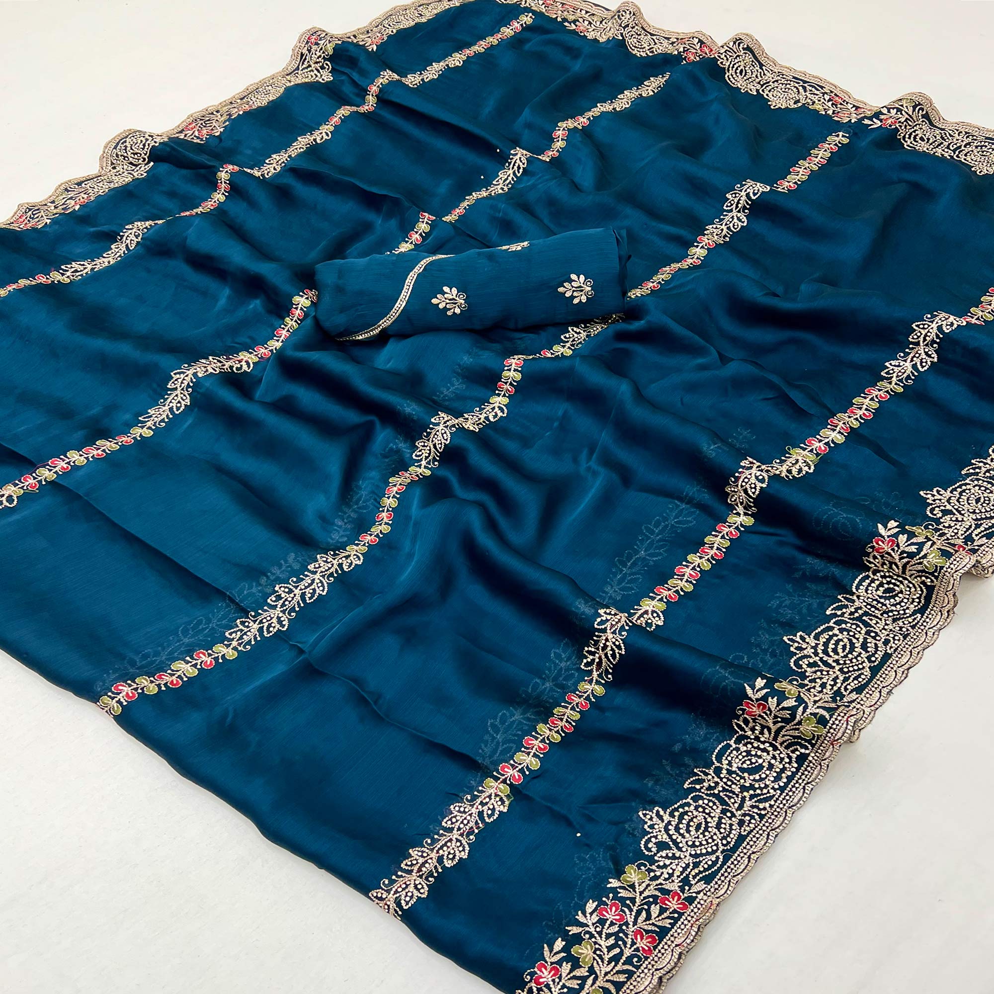 Blue Satin Chiffon Saree Adorned with Intricate Floral Embroidery