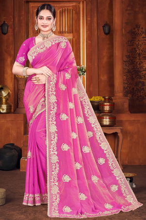 Exclusive Magenta Floral Zari Embroidered Organza Satin Silk Saree With Diamond Detailing