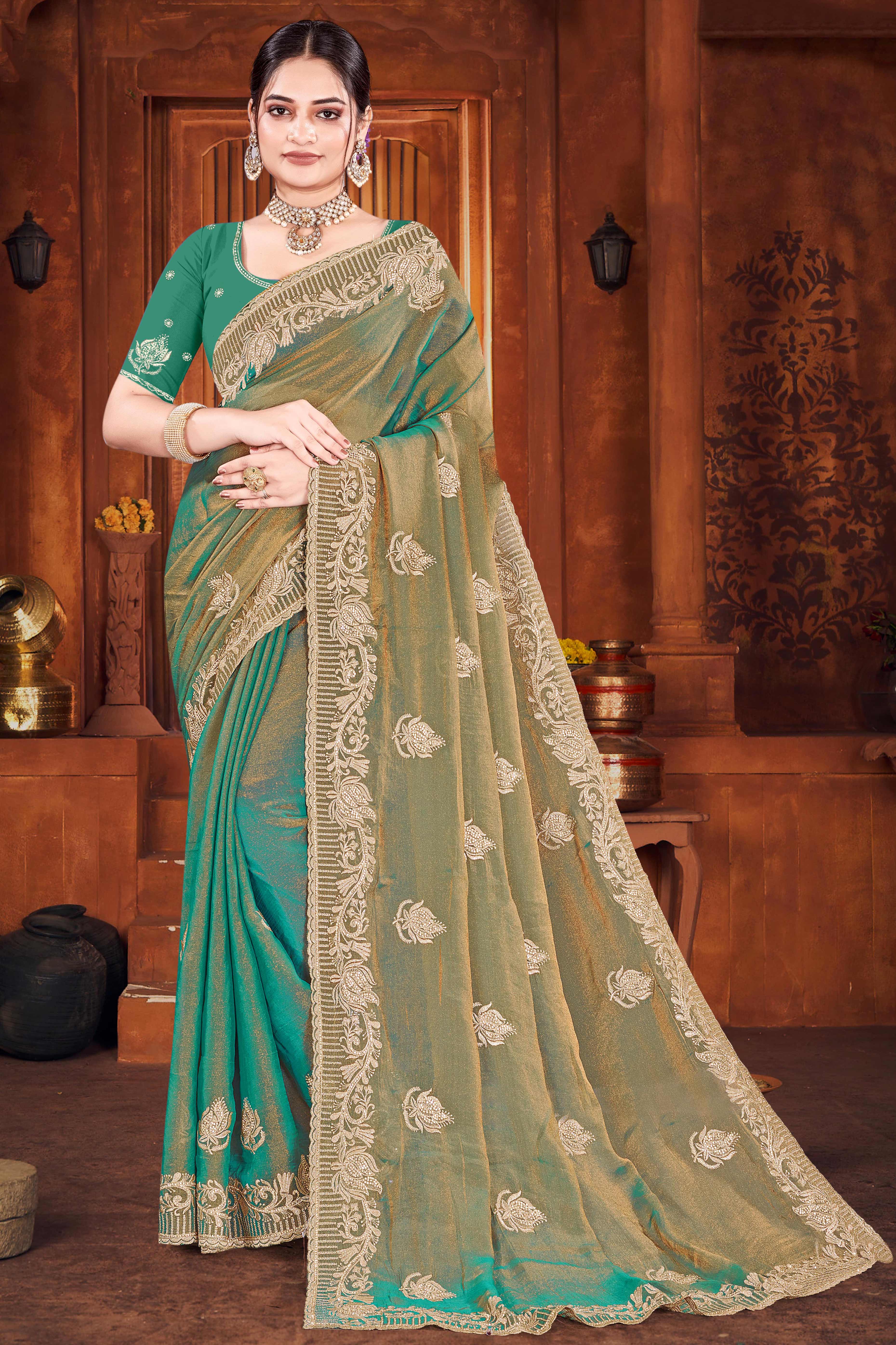 Exclusive Rama Green Floral Zari Embroidered Organza Satin Silk Saree With Diamond Detailing