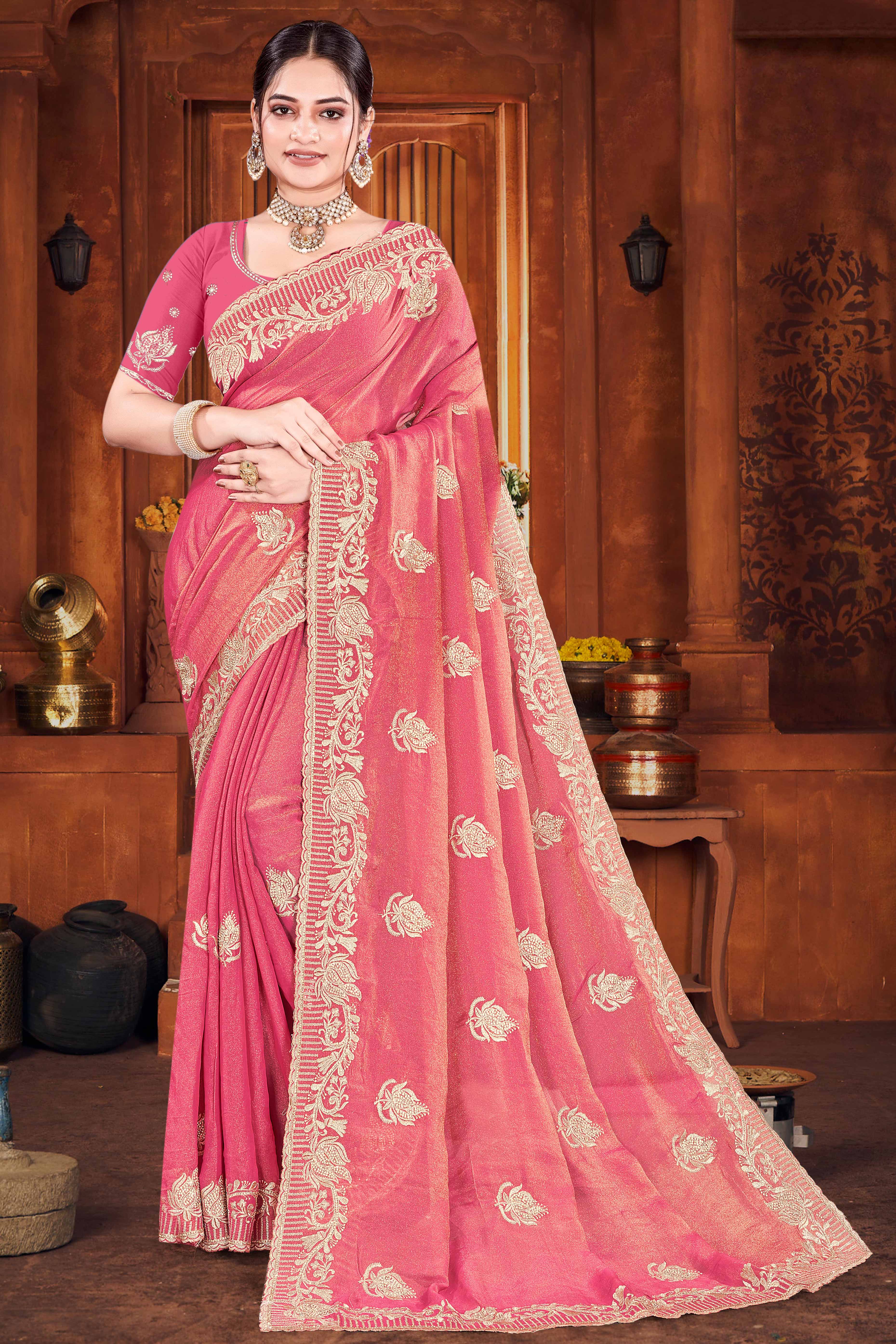 Exclusive Gajari Pink Floral Zari Embroidered Organza Satin Silk Saree With Diamond Detailing