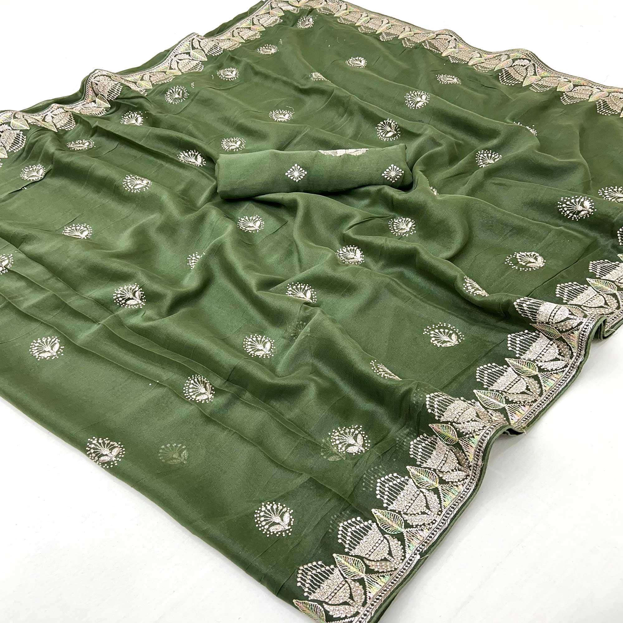Green Star Georgette Saree with Intricate Floral Embroidery Work