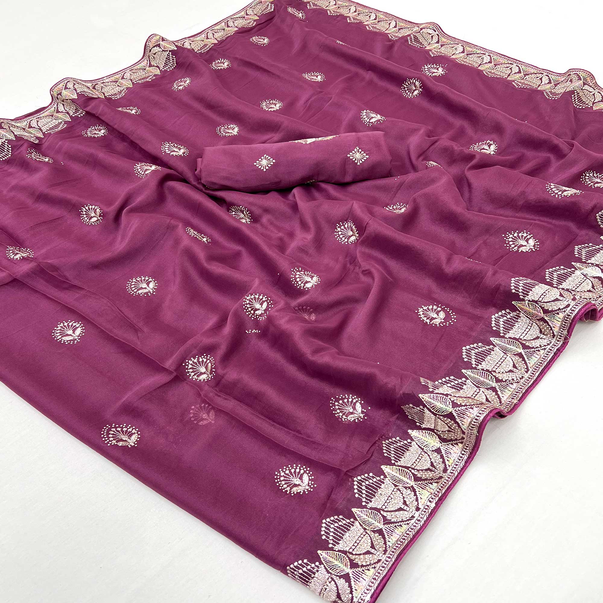Plum Purple Star Georgette Saree with Intricate Floral Embroidery Work