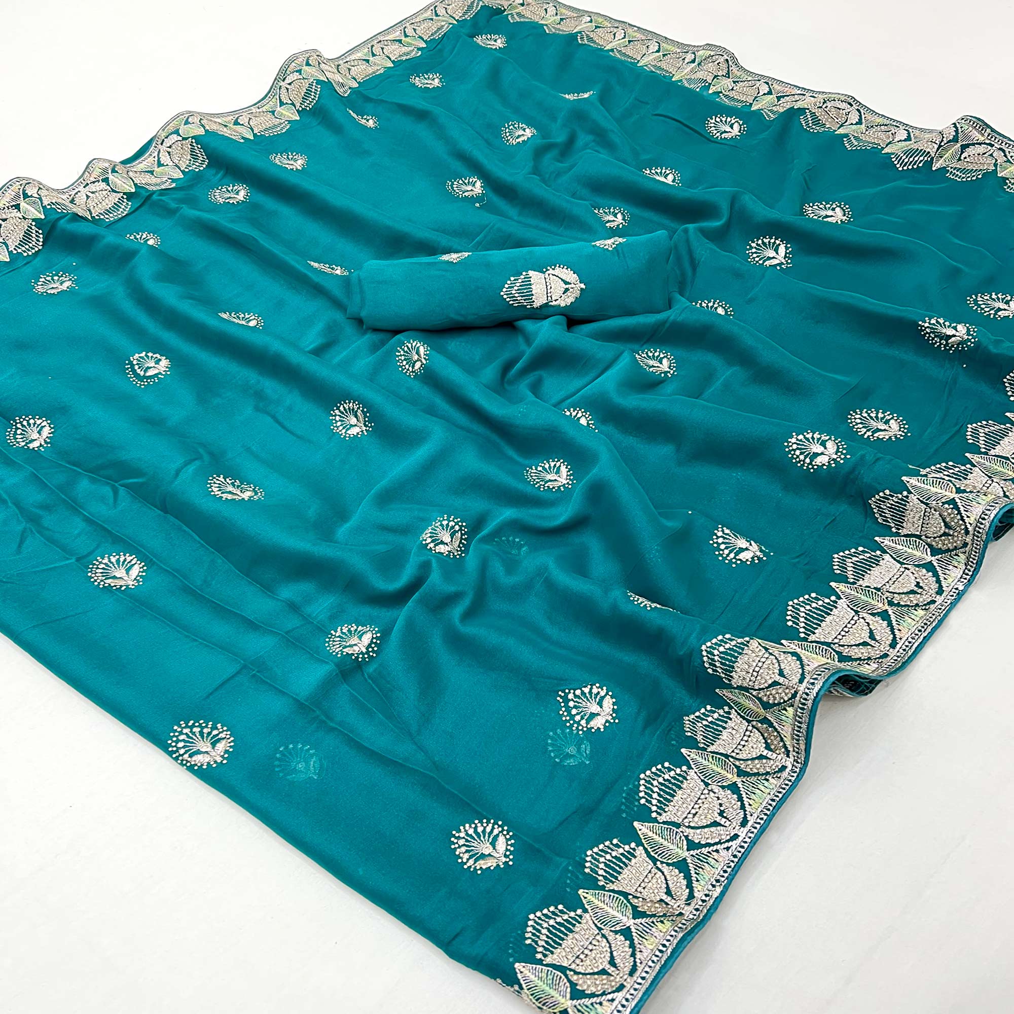 Teal Star Georgette Saree with Intricate Floral Embroidery Work
