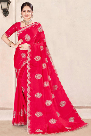 Luxury Pink Floral Zari Embroidery With Sparkling Diamond Work Organza Satin Silk Saree