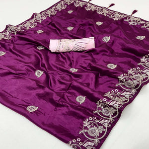 Purple Embroidered Satin Saree with Smooth Texture and Graceful Festive Appeal