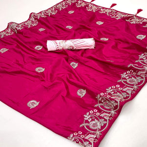 Pink Embroidered Satin Saree with Smooth Texture and Graceful Festive Appeal