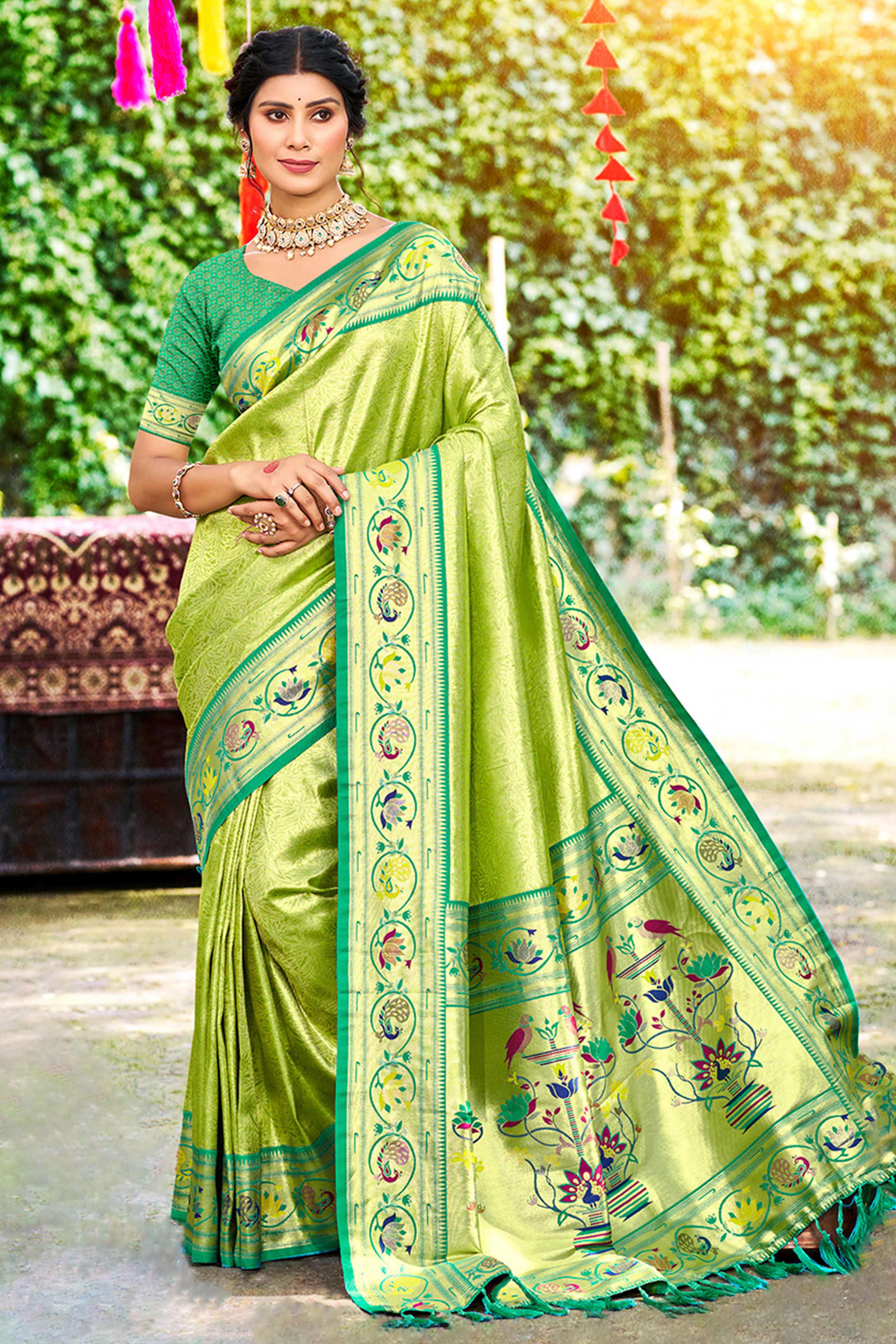 Elegant Green Weaving Silk Blend Saree With Stunning Peacock Border & Artistic Parrot Motif Pallu