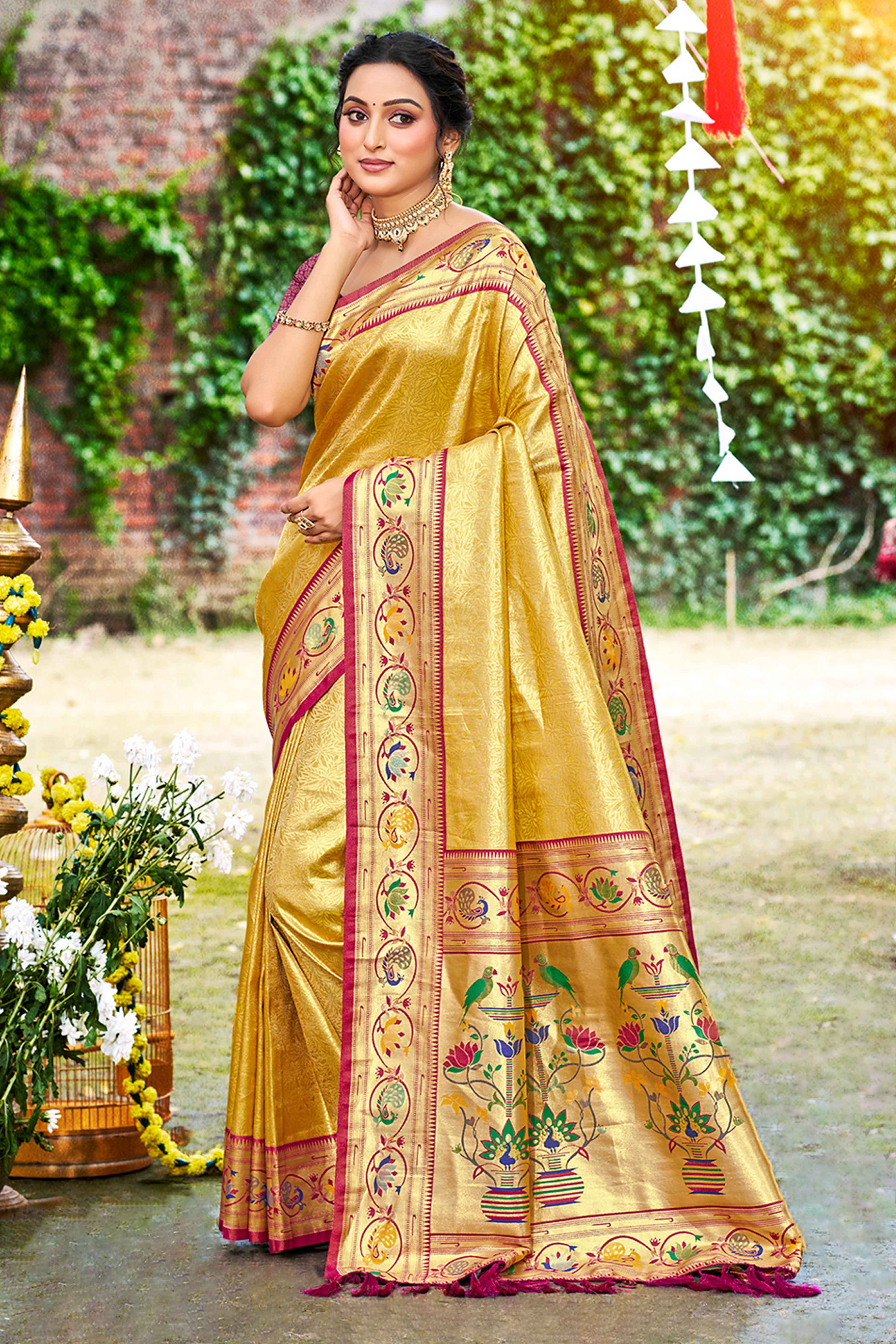 Elegant Golden Yellow Weaving Silk Blend Saree With Peacock Border & Artistic Parrot Motif Pallu