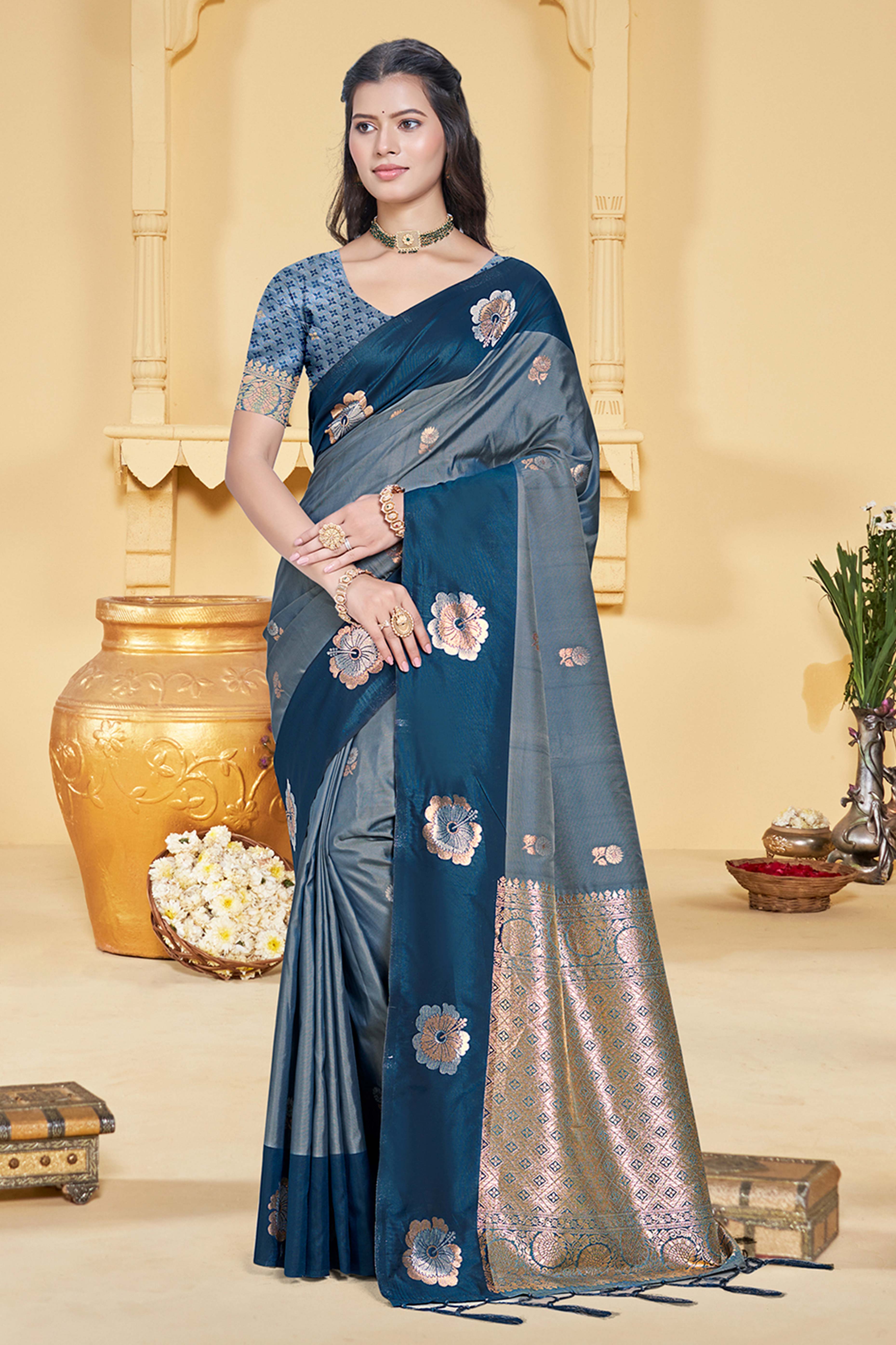 Charming Morpich Blue Floral Zari Weaving Silk Blend Saree Enhanced With Stylish Tassel Pallu