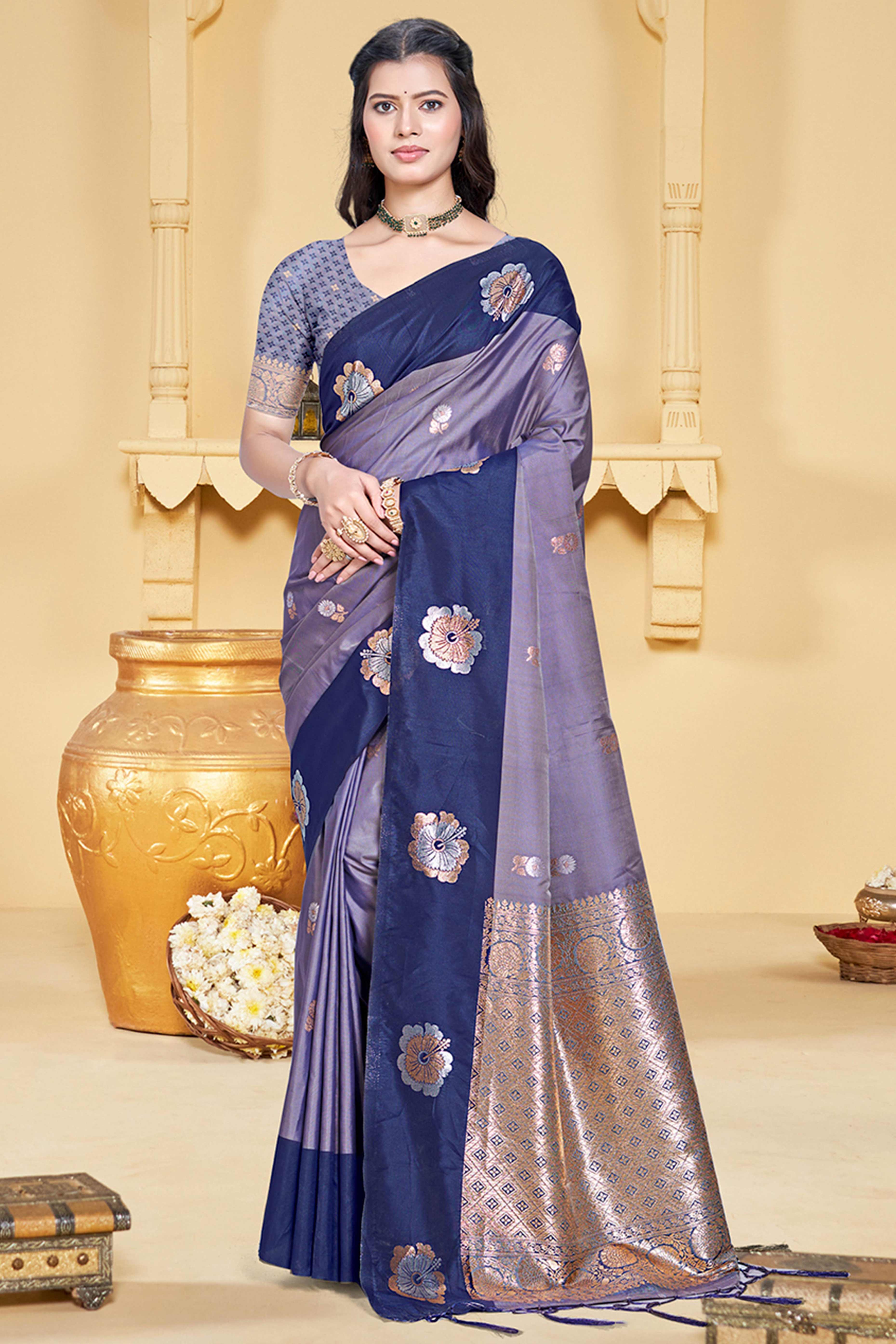 Charming Light Navy Blue Floral Zari Weaving Silk Blend Saree Enhanced With Stylish Tassel Pallu