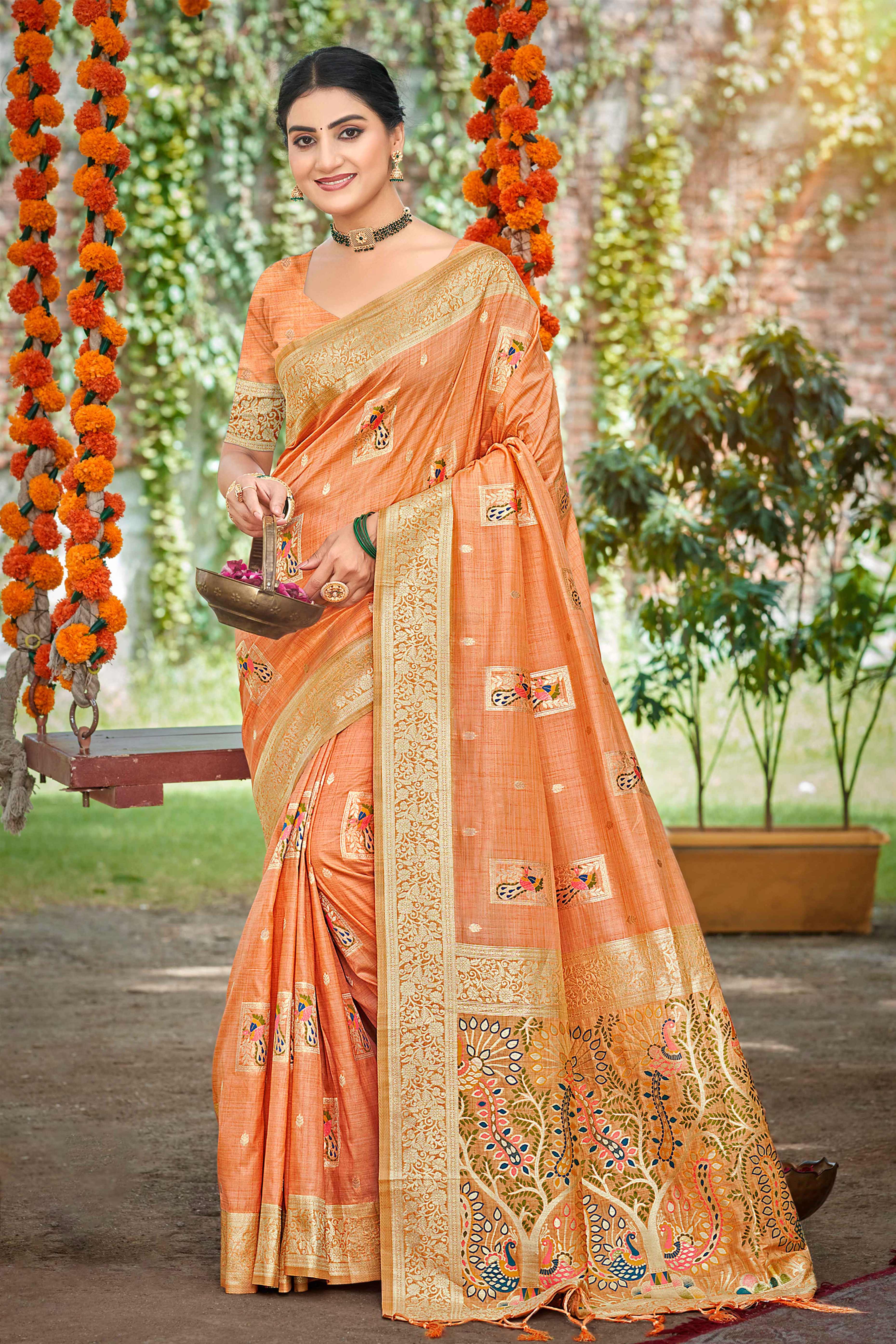 Orange Floral & Peacock Motif Zari Woven Assam Silk Blend Saree With Graceful Tassel Pallu