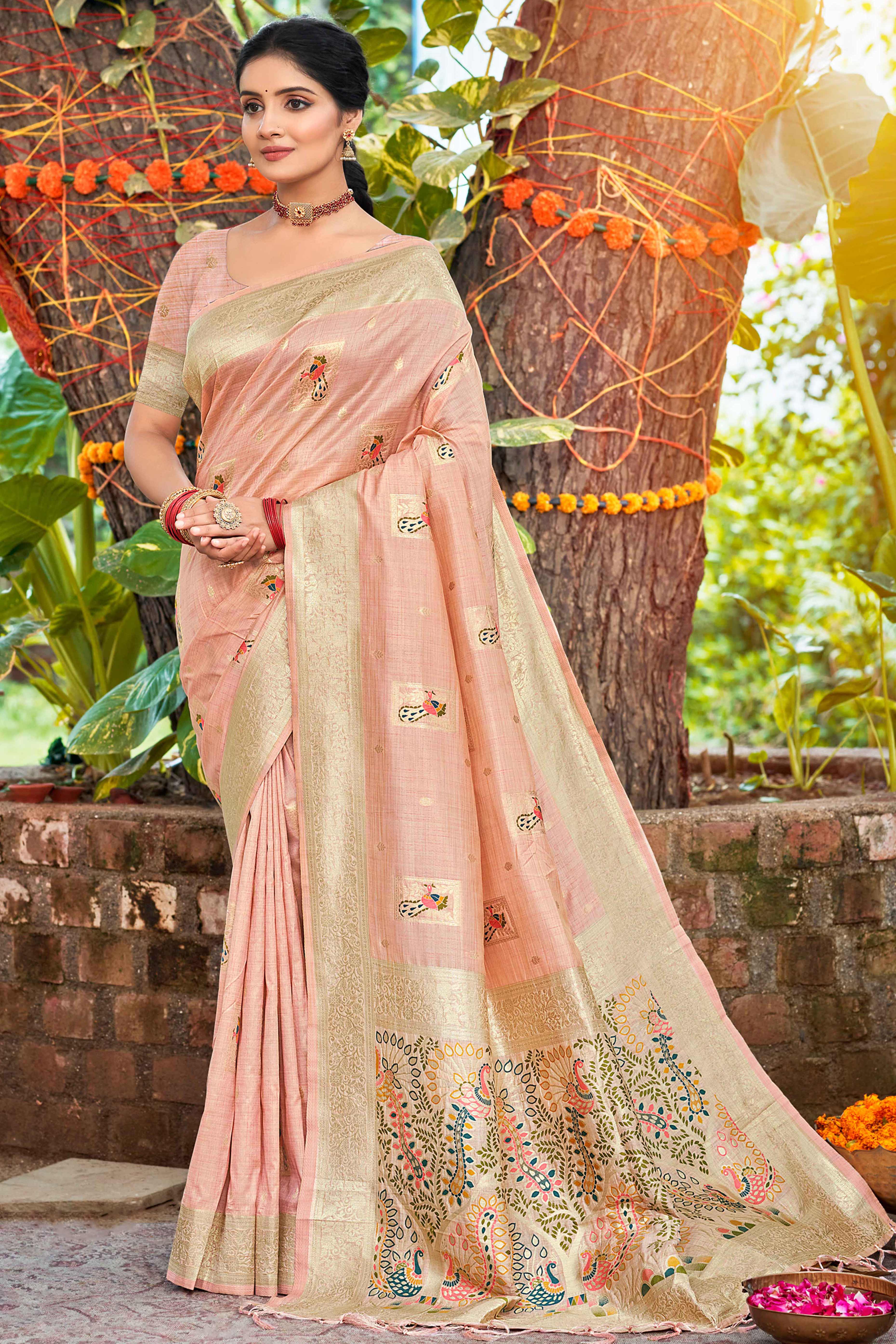 Light Pink Floral & Peacock Motif Zari Woven Assam Silk Blend Saree With Graceful Tassel Pallu