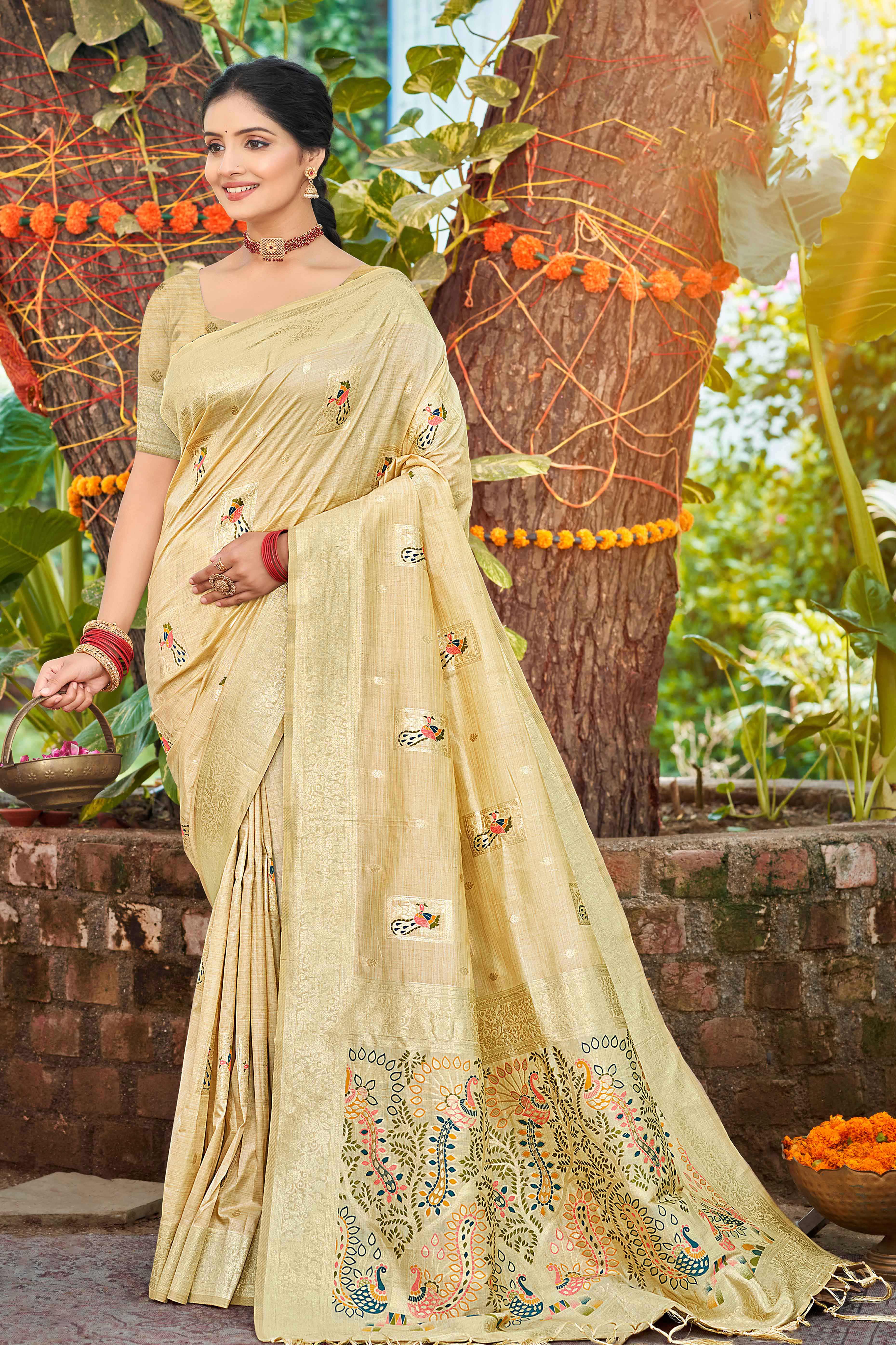 Cream Floral & Peacock Motif Zari Woven Assam Silk Blend Saree With Graceful Tassel Pallu